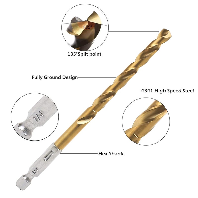 BAIDETS Hex Shank Drill Bits - Set of 10Pcs, 1/4 Inch Premium 4341 HSS Titanium Impact Hex Drill Bits for Wood, Steel, Metal, Plastic, Quick Change Design - Image 2